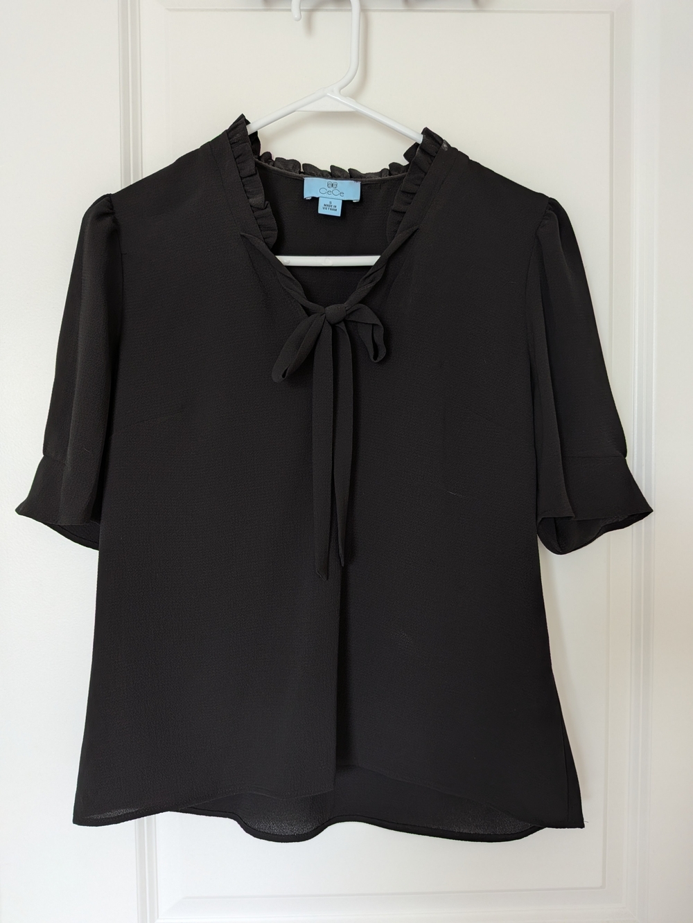 CeCe Black Tie-Neck Ruffle-Trim Blouse